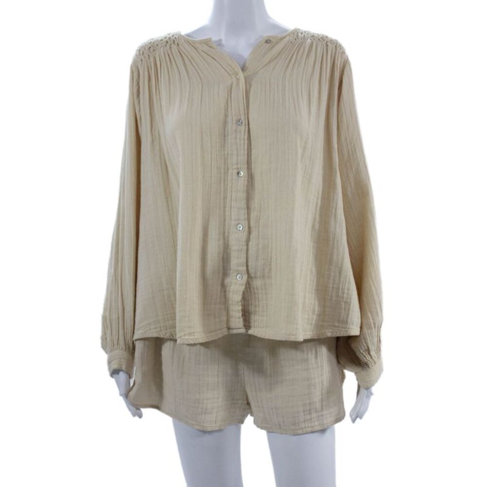Vita Grace Women Casual Set Gold 100% Cotton V Neck Long Sleeve Solid Size S